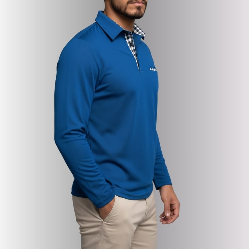 Darian Men's Slim Fit Long Sleeve Polo with Checked Collar Details