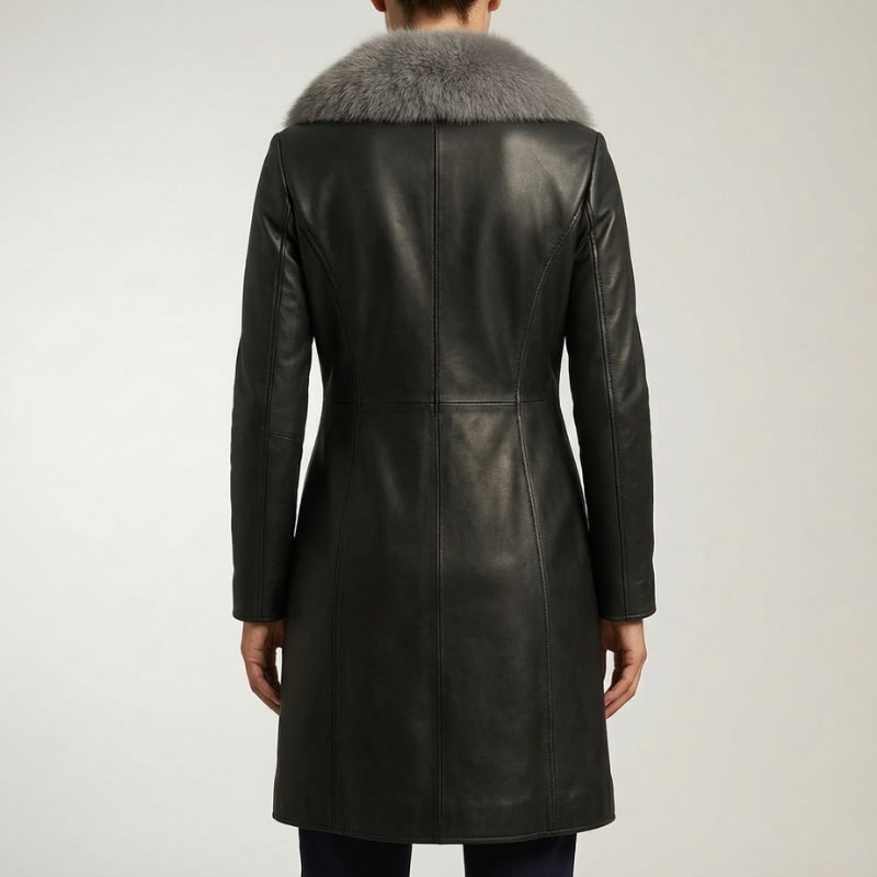 Catherine Women's Longline Leather Jacket with Fur Trim Collar & Belted Waist