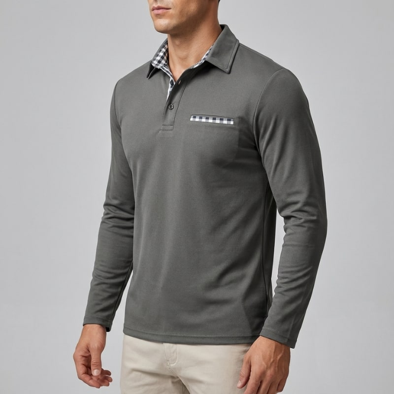 Darian Men's Slim Fit Long Sleeve Polo with Checked Collar Details