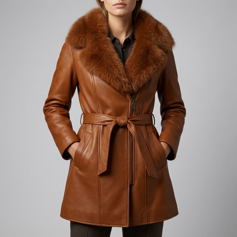 Catherine Women's Longline Leather Jacket with Fur Trim Collar & Belted Waist