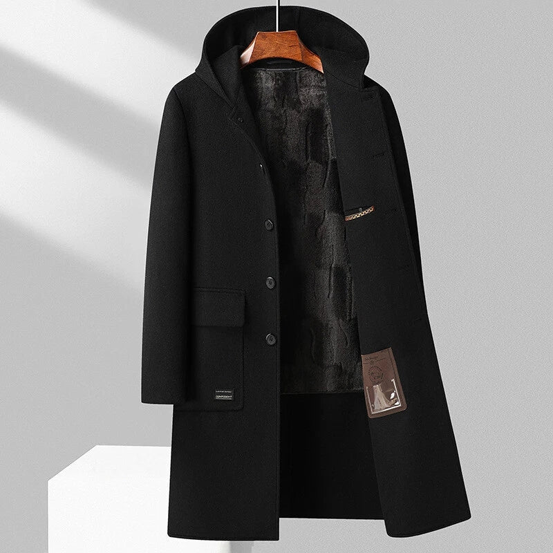 Cambridge Men's Wool Overcoat with Hood – Knee-Length Design and Removable Lining