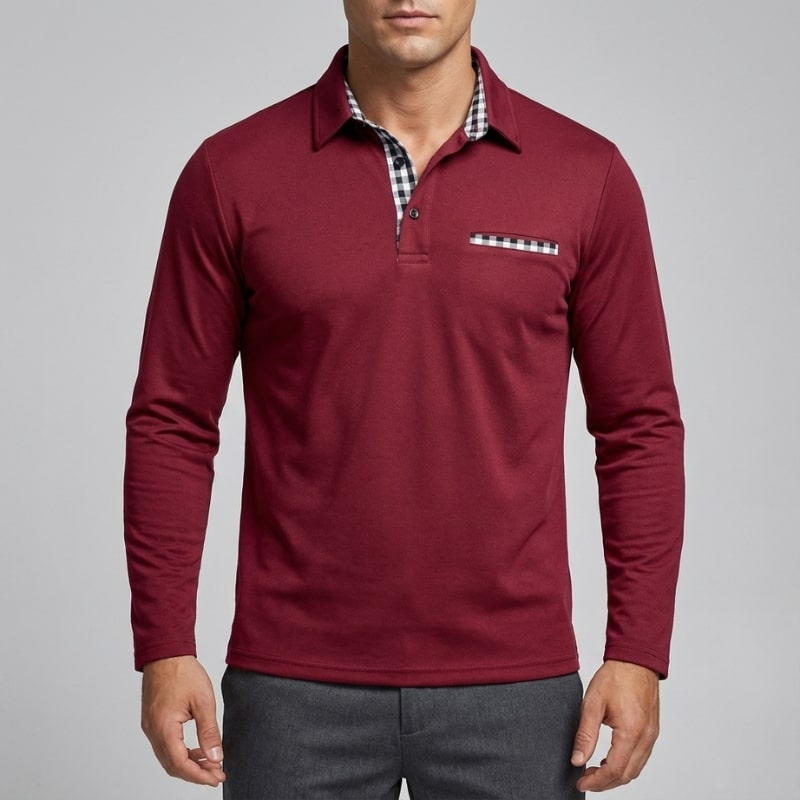 Darian Men's Slim Fit Long Sleeve Polo with Checked Collar Details