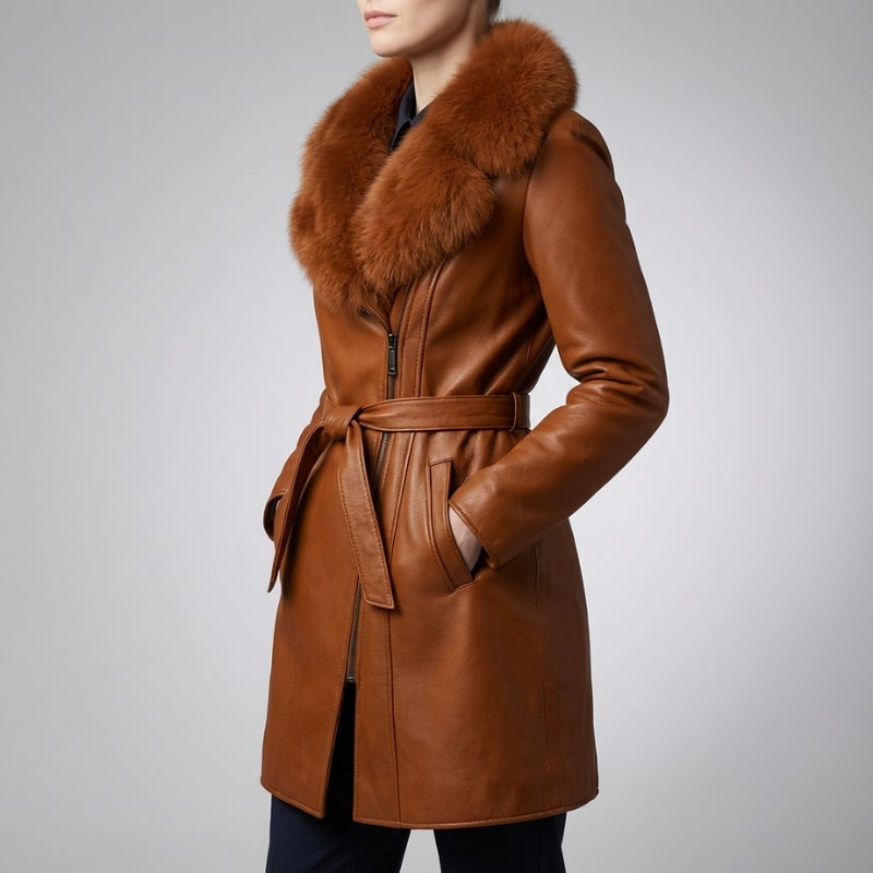 Catherine Women's Longline Leather Jacket with Fur Trim Collar & Belted Waist