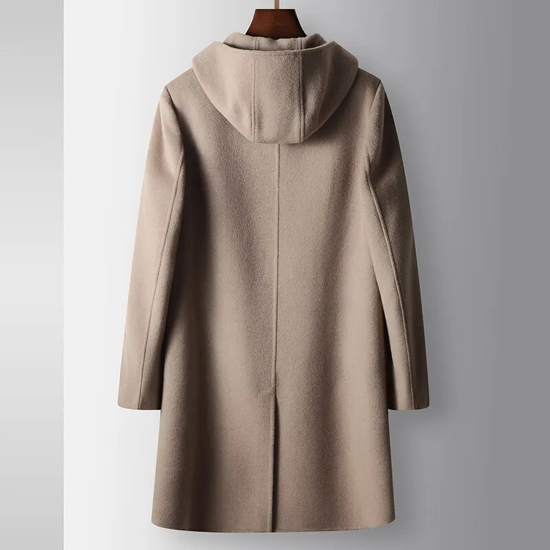 Cambridge Men's Wool Overcoat with Hood – Knee-Length Design and Removable Lining