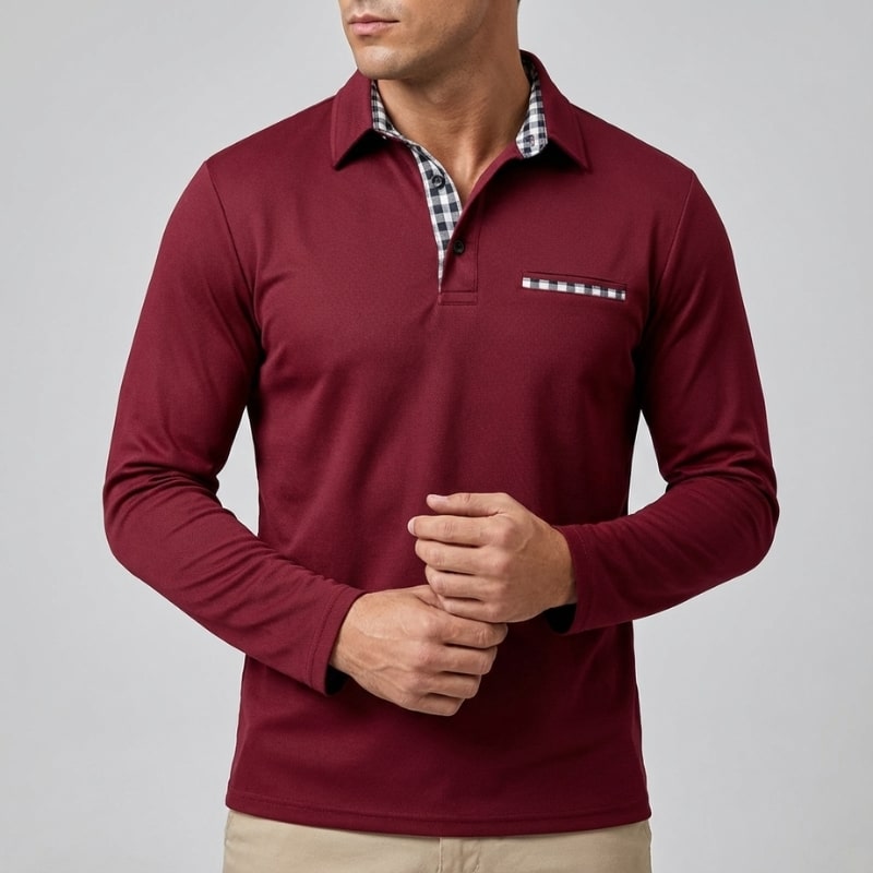 Darian Men's Slim Fit Long Sleeve Polo with Checked Collar Details