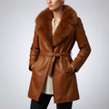 Catherine Women's Longline Leather Jacket with Fur Trim Collar & Belted Waist