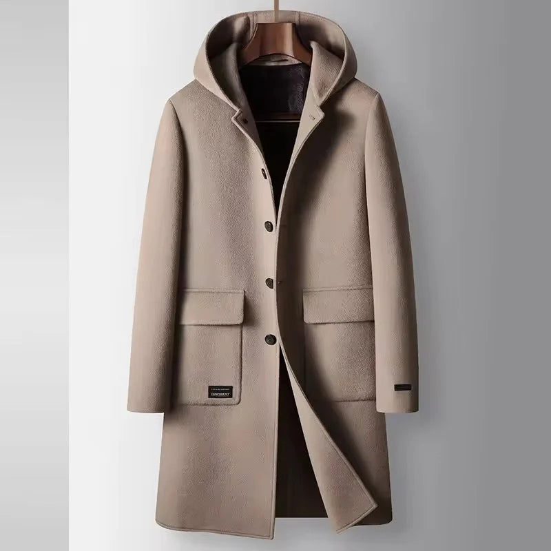 Cambridge Men's Wool Overcoat with Hood – Knee-Length Design and Removable Lining