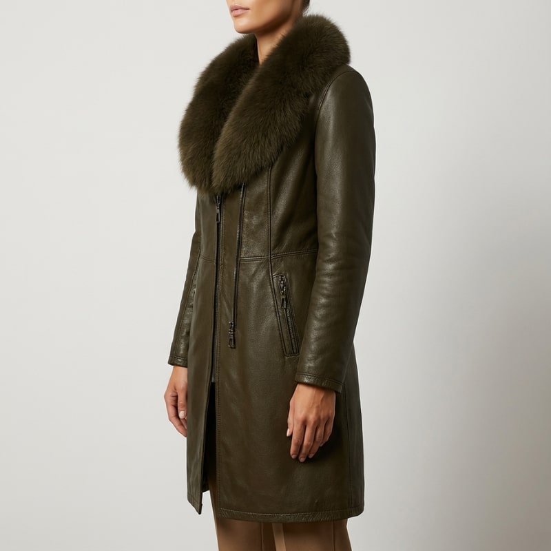 Catherine Women's Longline Leather Jacket with Fur Trim Collar & Belted Waist