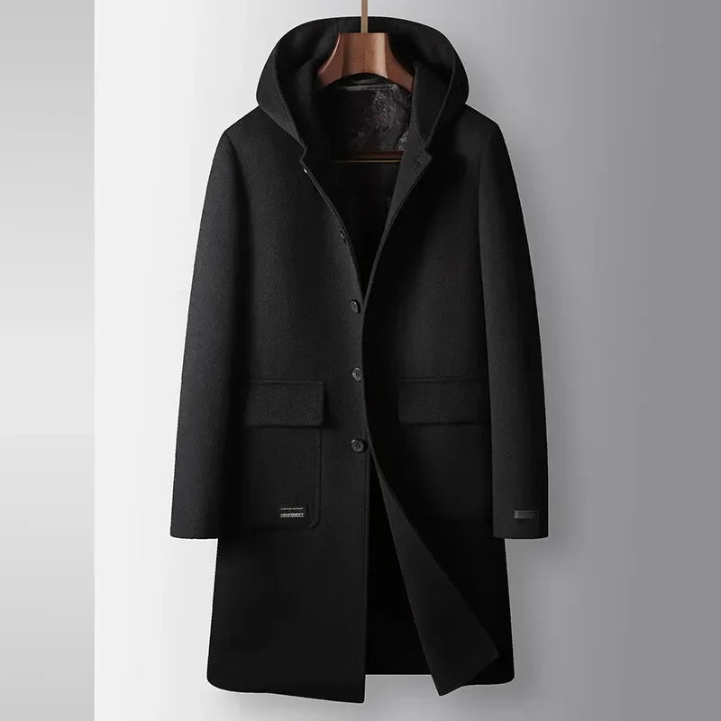 Cambridge Men's Wool Overcoat with Hood – Knee-Length Design and Removable Lining