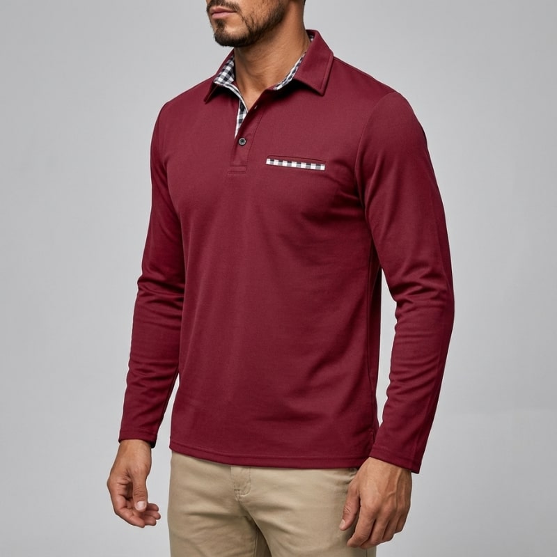 Darian Men's Slim Fit Long Sleeve Polo with Checked Collar Details