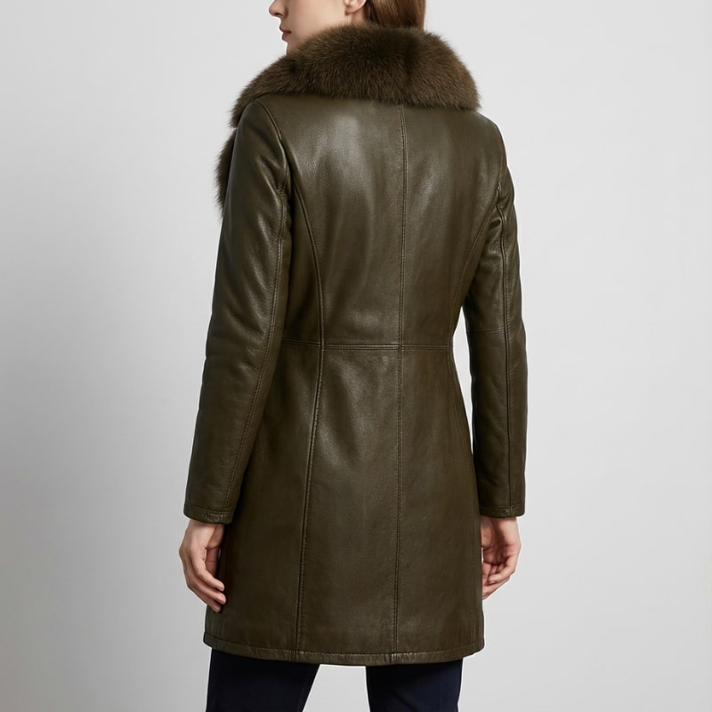 Catherine Women's Longline Leather Jacket with Fur Trim Collar & Belted Waist