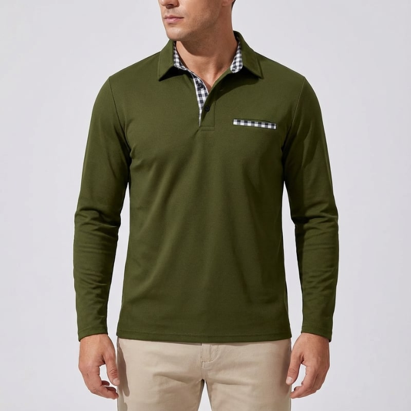 Darian Men's Slim Fit Long Sleeve Polo with Checked Collar Details