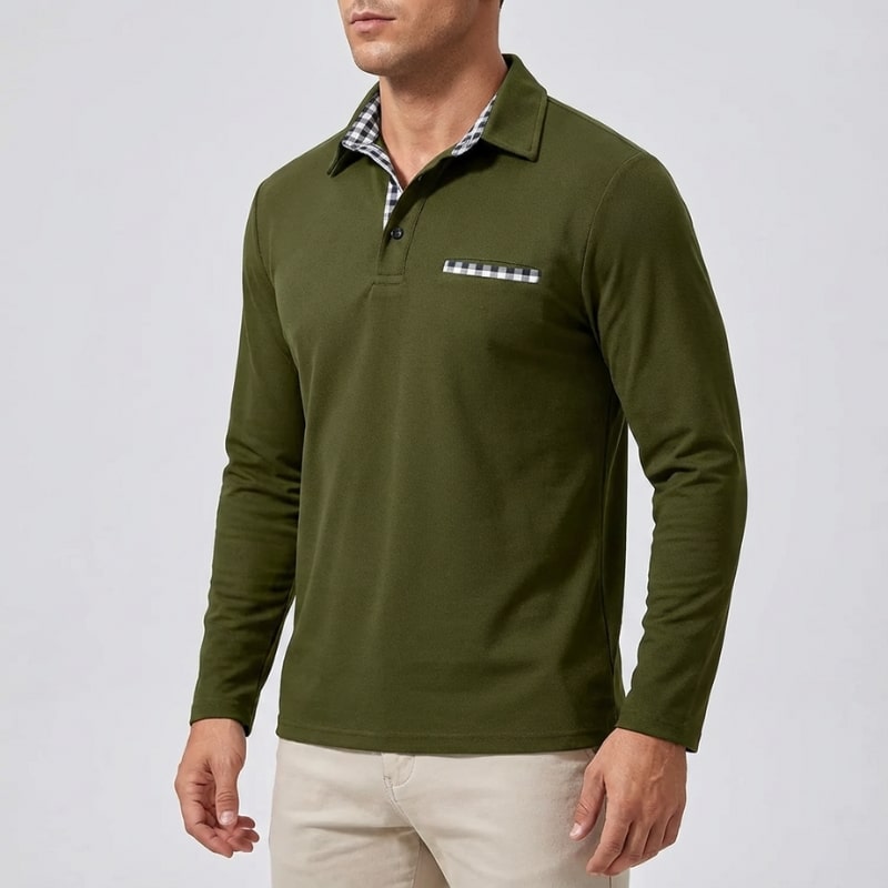 Darian Men's Slim Fit Long Sleeve Polo with Checked Collar Details