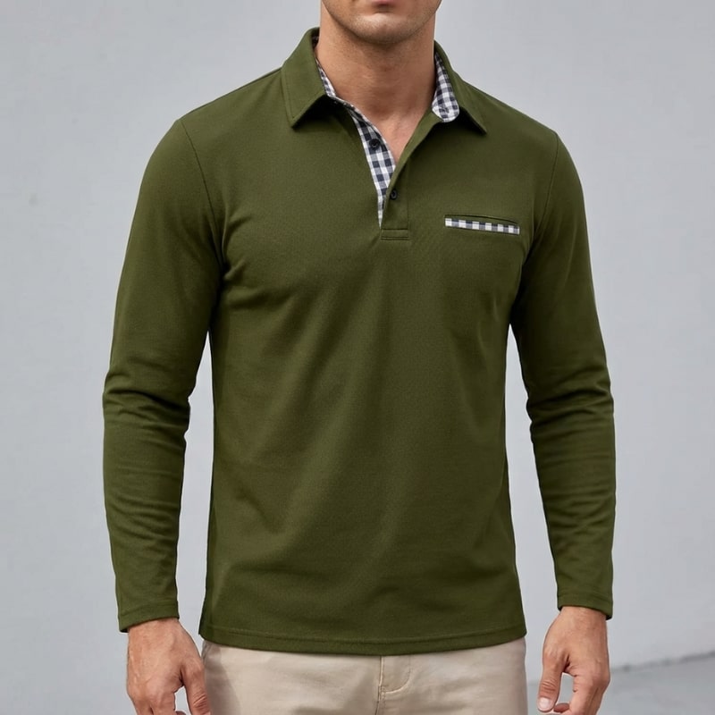Darian Men's Slim Fit Long Sleeve Polo with Checked Collar Details