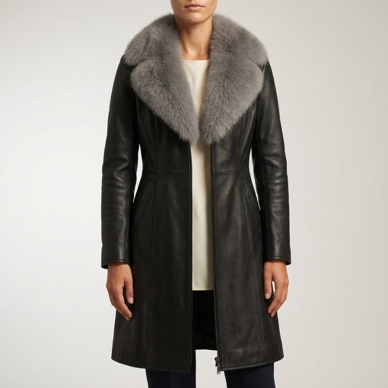 Catherine Women's Longline Leather Jacket with Fur Trim Collar & Belted Waist