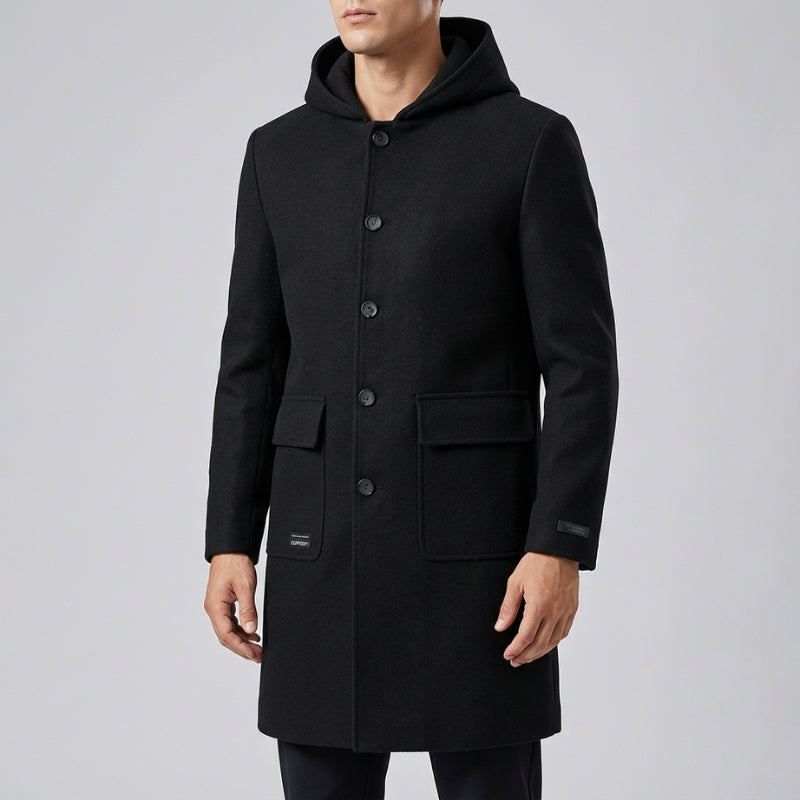Cambridge Men's Wool Overcoat with Hood – Knee-Length Design and Removable Lining