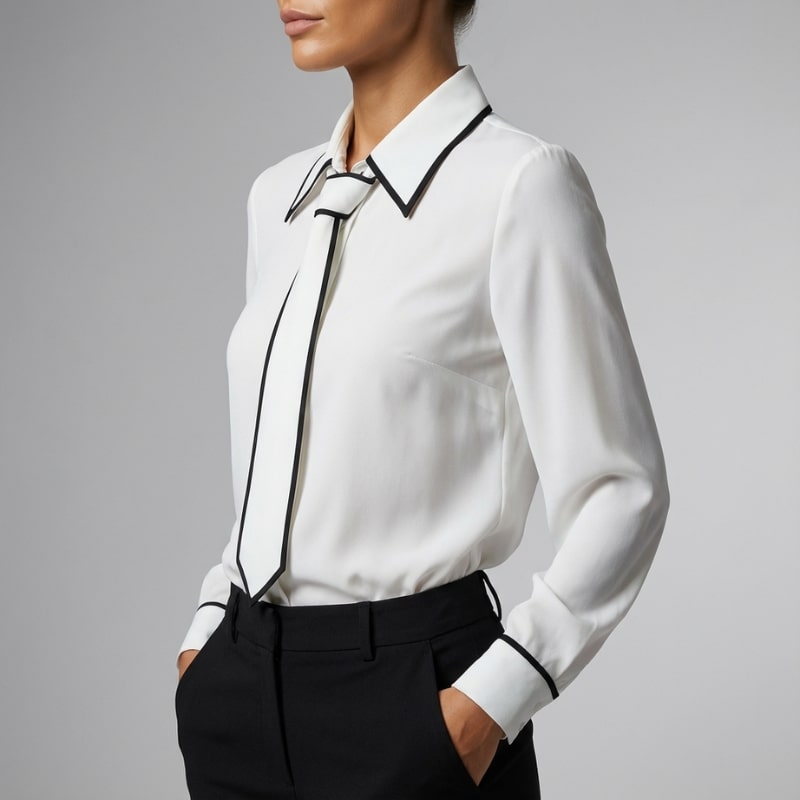 Emery Women's Cotton-Blend Button-Down Blouse with Contrast Tie and Structured Collar