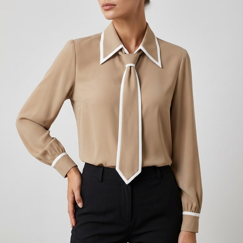 Emery Women's Cotton-Blend Button-Down Blouse with Contrast Tie and Structured Collar