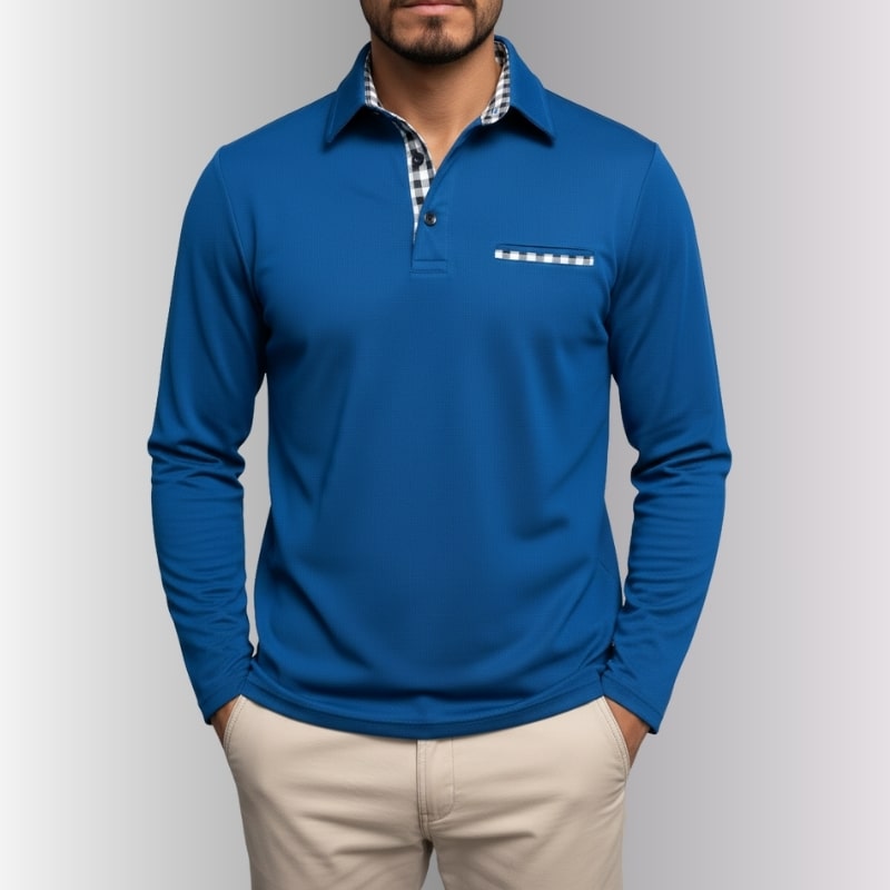 Darian Men's Slim Fit Long Sleeve Polo with Checked Collar Details