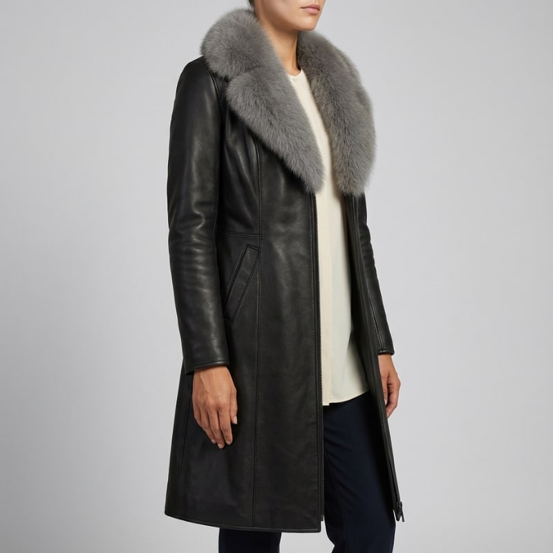 Catherine Women's Longline Leather Jacket with Fur Trim Collar & Belted Waist