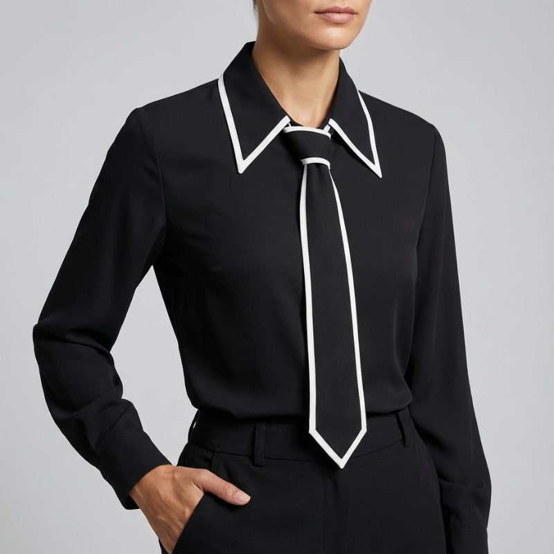 Emery Women's Cotton-Blend Button-Down Blouse with Contrast Tie and Structured Collar