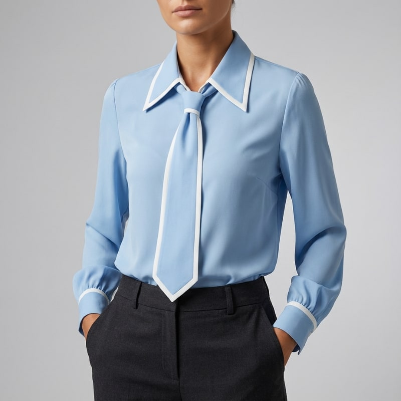Emery Women's Cotton-Blend Button-Down Blouse with Contrast Tie and Structured Collar