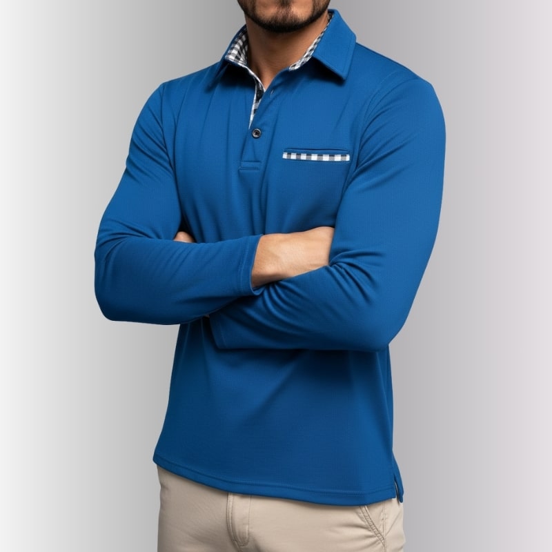 Darian Men's Slim Fit Long Sleeve Polo with Checked Collar Details