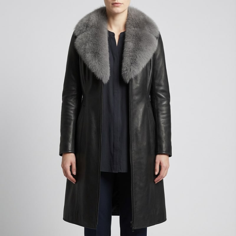 Catherine Women's Longline Leather Jacket with Fur Trim Collar & Belted Waist