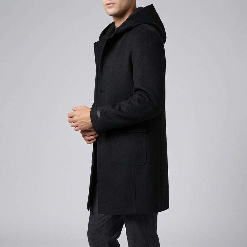 Cambridge Men's Wool Overcoat with Hood – Knee-Length Design and Removable Lining
