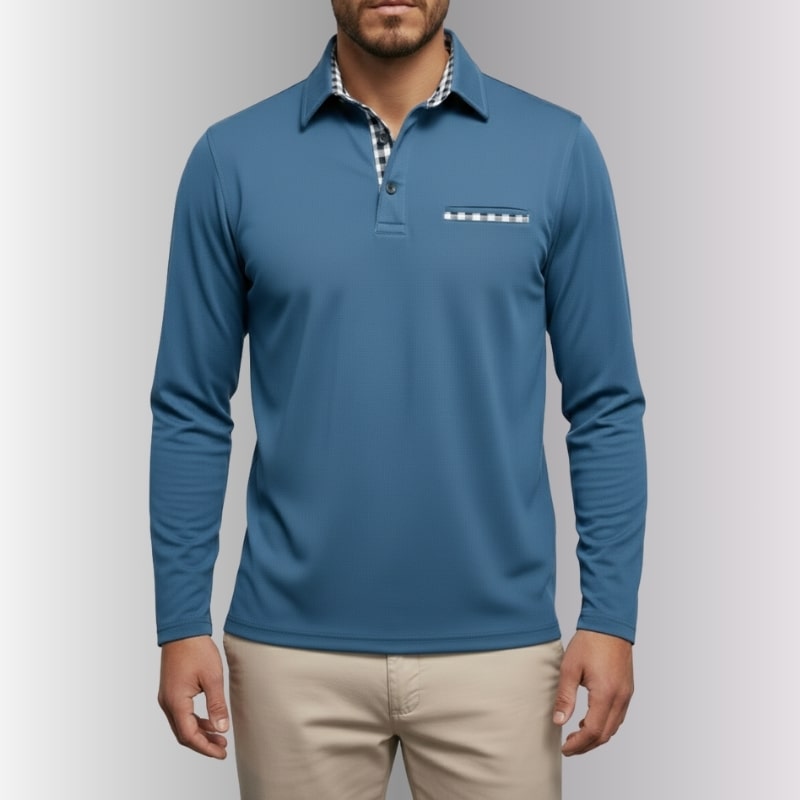 Darian Men's Slim Fit Long Sleeve Polo with Checked Collar Details
