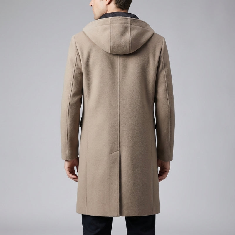 Cambridge Men's Wool Overcoat with Hood – Knee-Length Design and Removable Lining