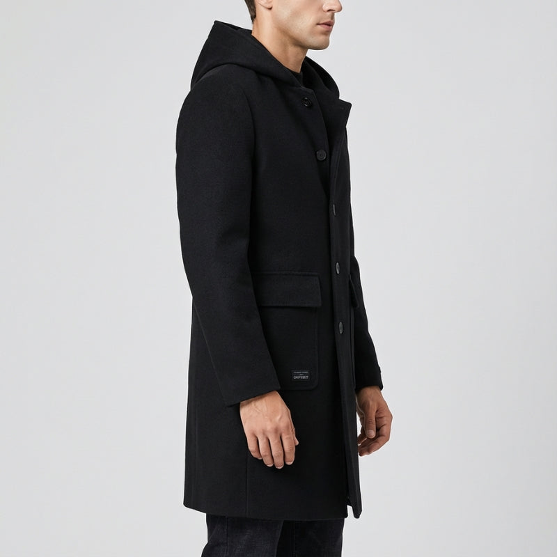 Cambridge Men's Wool Overcoat with Hood – Knee-Length Design and Removable Lining