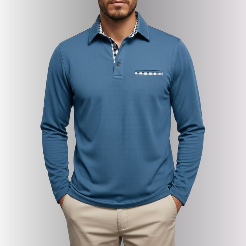 Darian Men's Slim Fit Long Sleeve Polo with Checked Collar Details