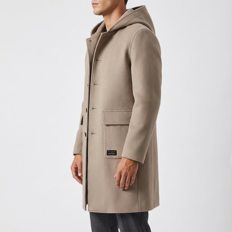 Cambridge Men's Wool Overcoat with Hood – Knee-Length Design and Removable Lining
