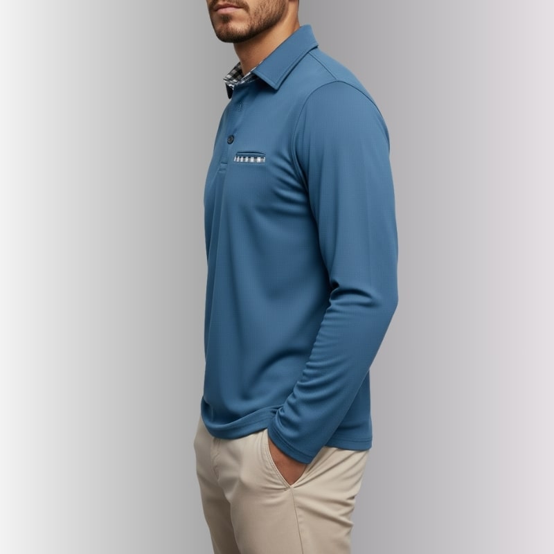Darian Men's Slim Fit Long Sleeve Polo with Checked Collar Details