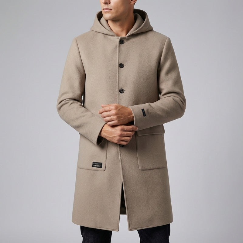 Cambridge Men's Wool Overcoat with Hood – Knee-Length Design and Removable Lining