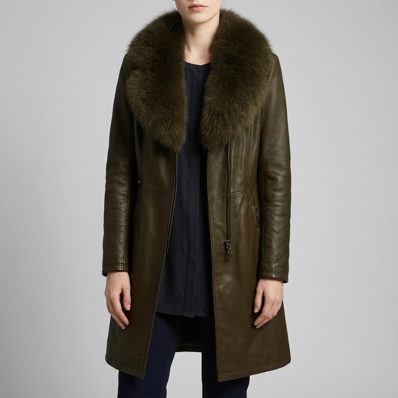 Catherine Women's Longline Leather Jacket with Fur Trim Collar & Belted Waist