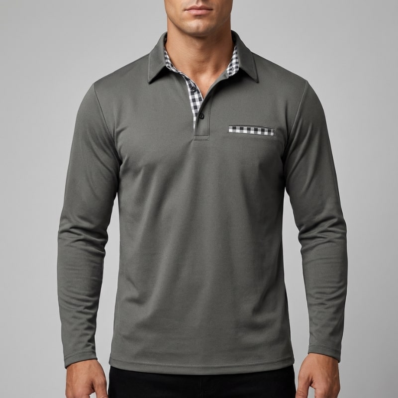 Darian Men's Slim Fit Long Sleeve Polo with Checked Collar Details