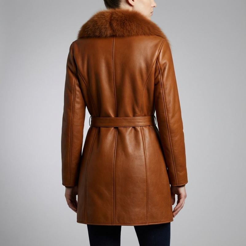 Catherine Women's Longline Leather Jacket with Fur Trim Collar & Belted Waist