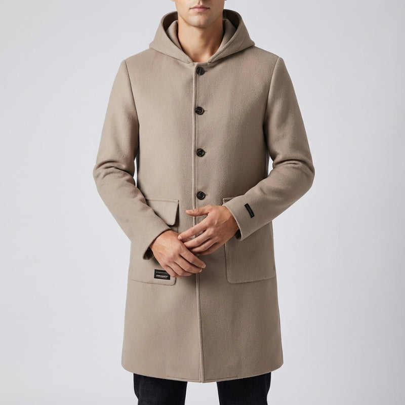 Cambridge Men's Wool Overcoat with Hood – Knee-Length Design and Removable Lining