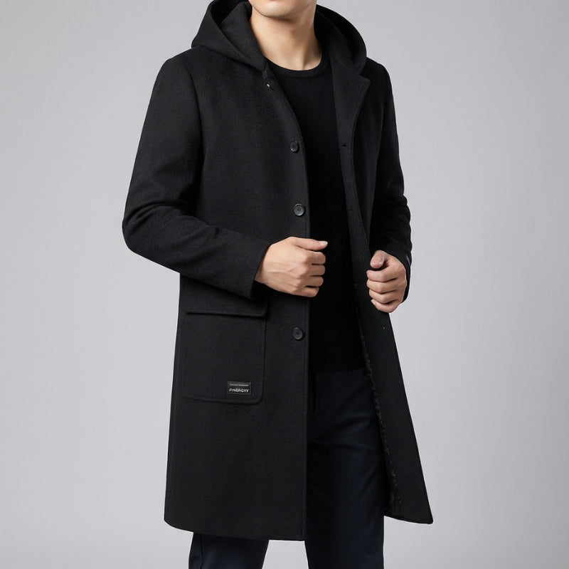 Cambridge Men's Wool Overcoat with Hood – Knee-Length Design and Removable Lining