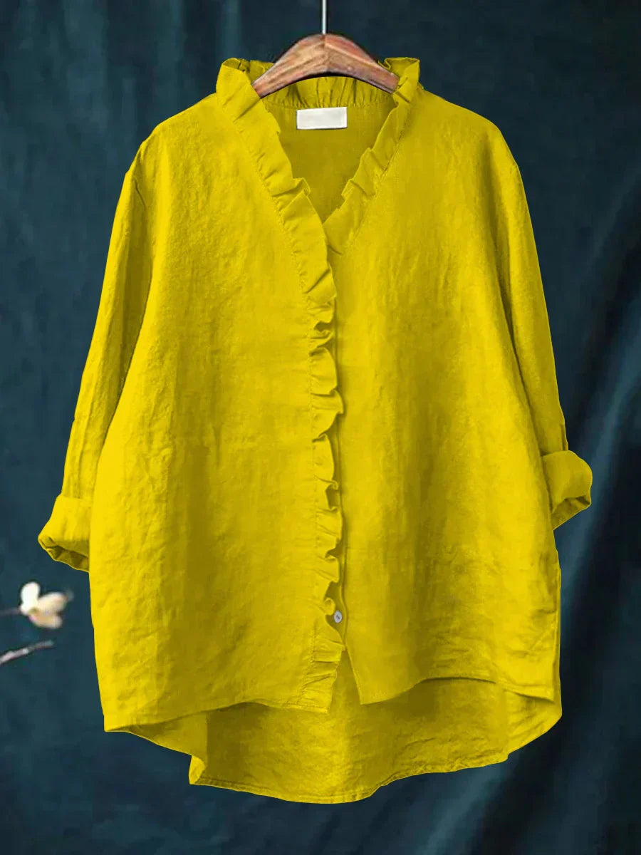 Briana Cotton Linen Blouse – Relaxed Ruffled Neckline Everyday Shirt