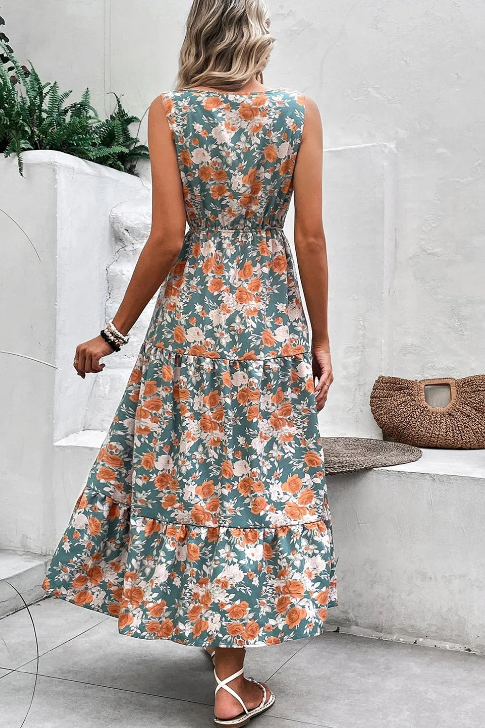 Noemie Floral Tie Waist Sleeveless Midi Dress Lightweight Summer Wear