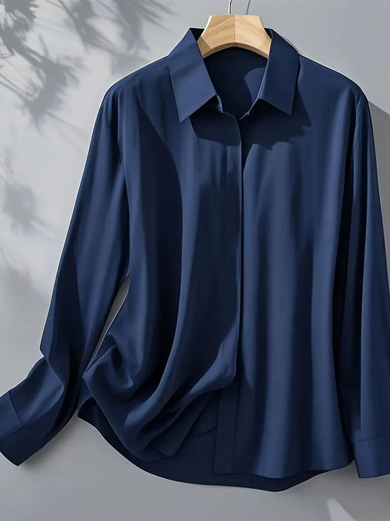 Anjelly Women's Solid Color Satin Lapel Shirt – Long Sleeve Blouse