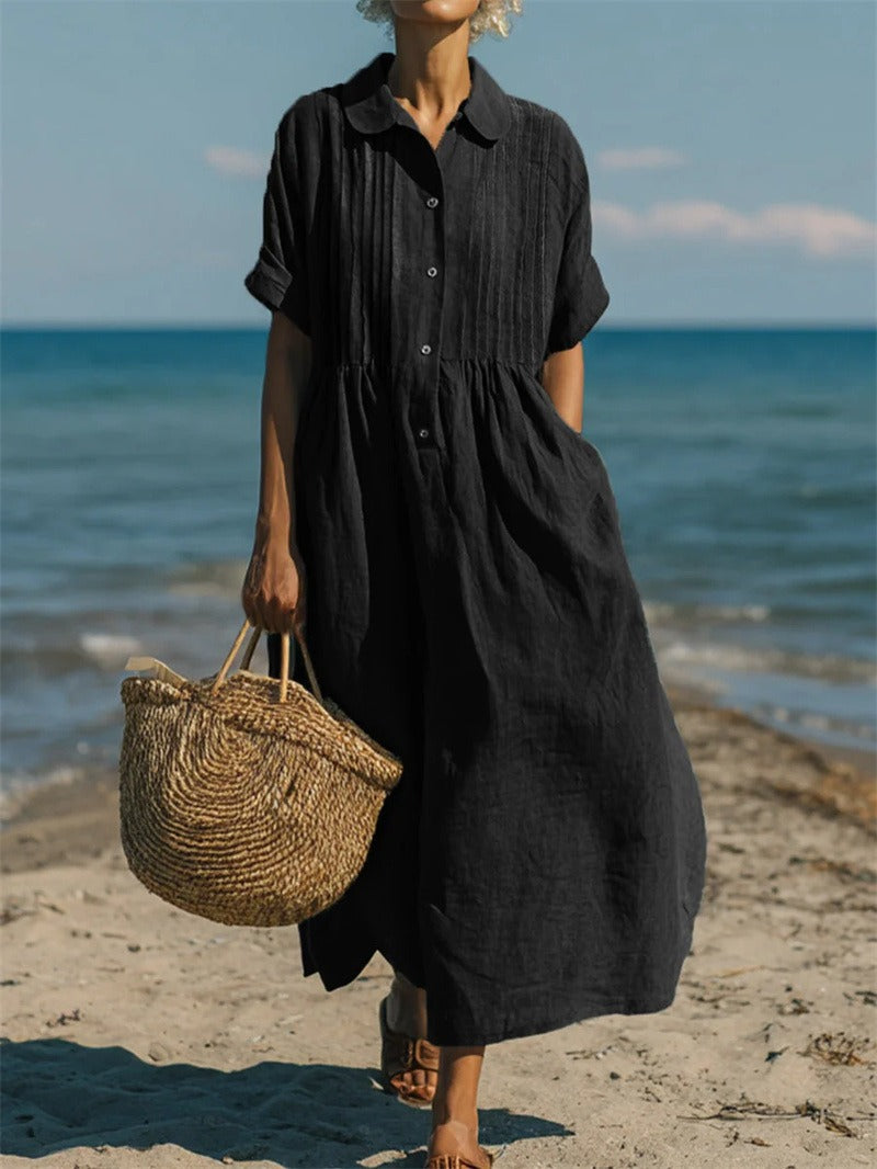 Luciana Cotton Button Up Shirt Dress – Lightweight Midi Dress