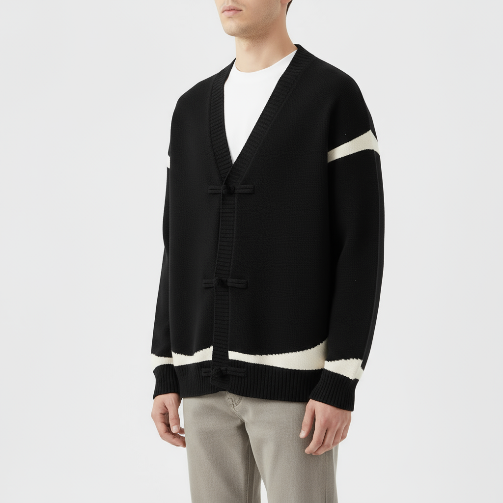 Chris Men's Wool Cardigan – Knit with Contrast Stripes and Toggle Closures