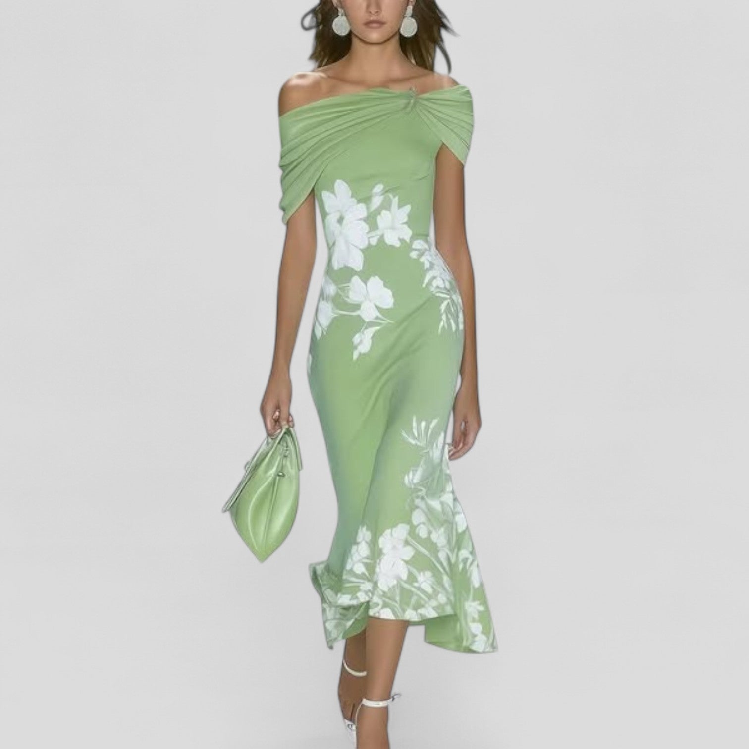 Selene Off Shoulder Midi Dress – Fishtail Floral Elegant Statement Evening Dress