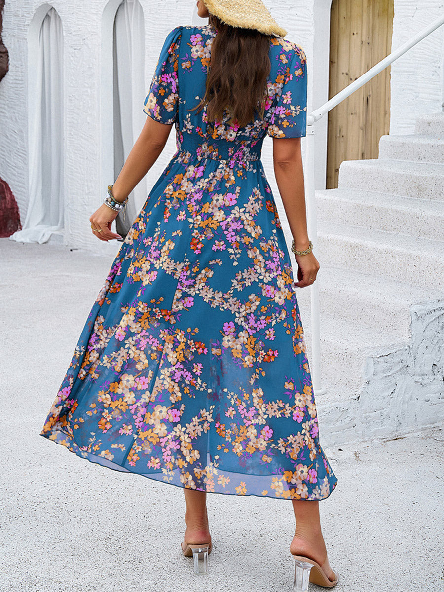 Margaret Floral V-Neck Pleated Maxi Dress – Elastic Waist Summer Silhouette
