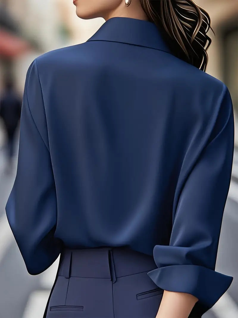 Anjelly Women's Solid Color Satin Lapel Shirt – Long Sleeve Blouse