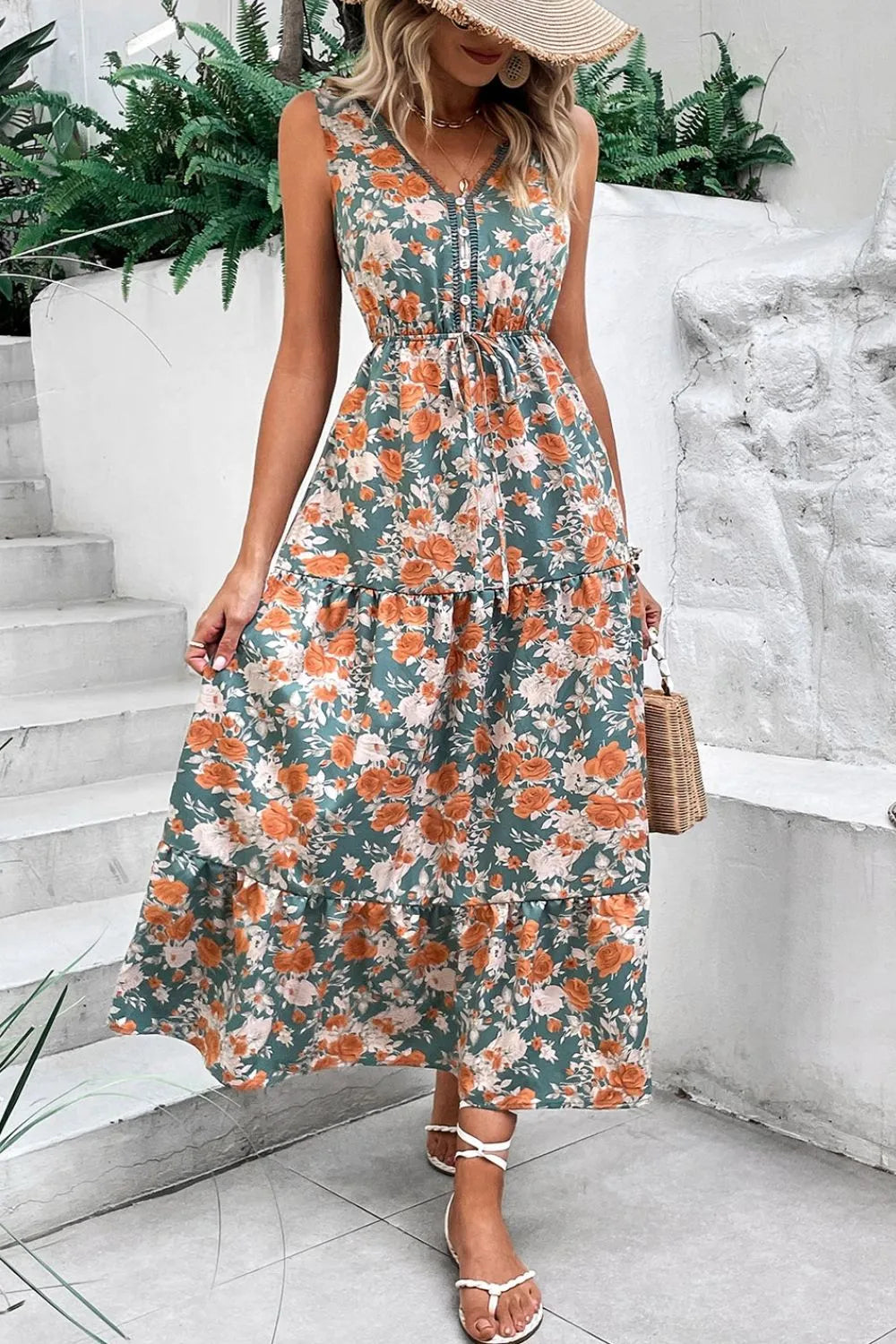 Noemie Floral Tie Waist Sleeveless Midi Dress Lightweight Summer Wear